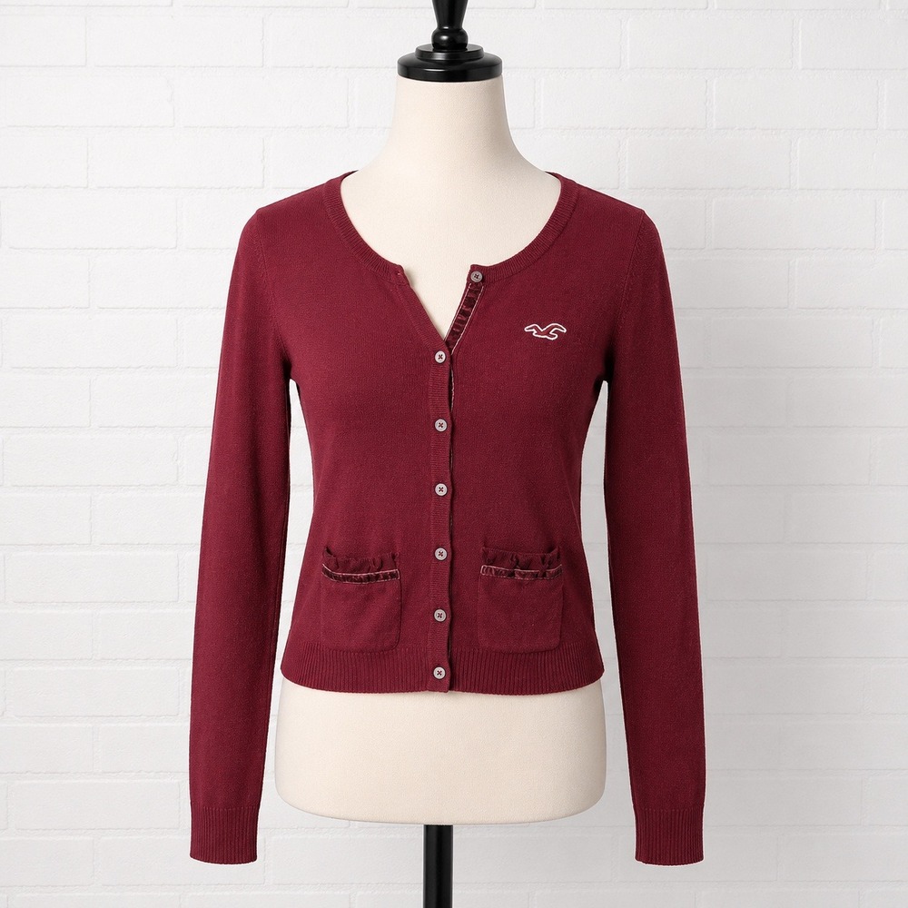 Y2K Hollister Burgundy Cardigan Womens Small Logo Ruffle Preppy Academia Twee